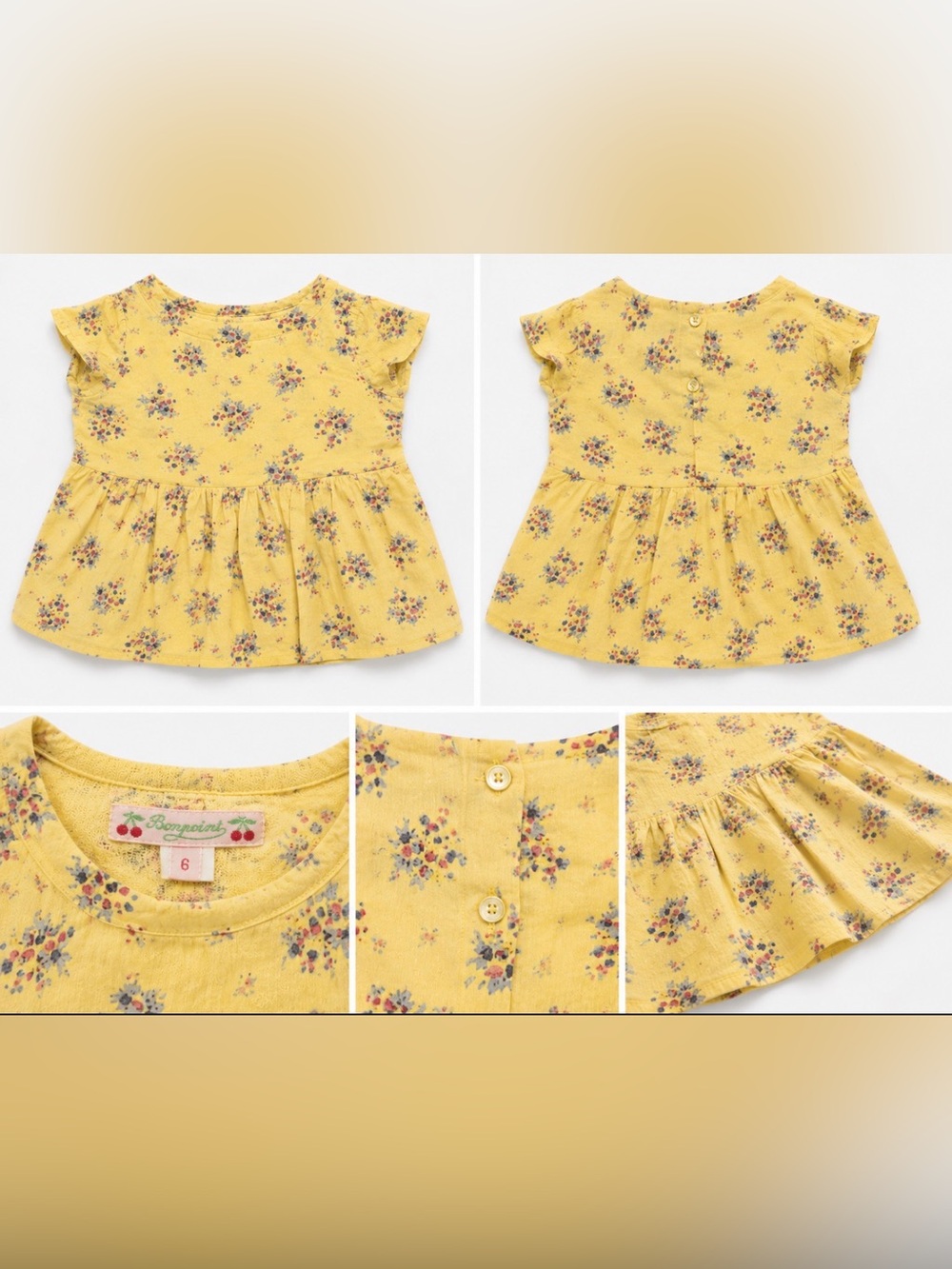 Bonpoint Girls Floral Peplum Blouse – Size 6 | Yellow Liberty-Style Print | EUC